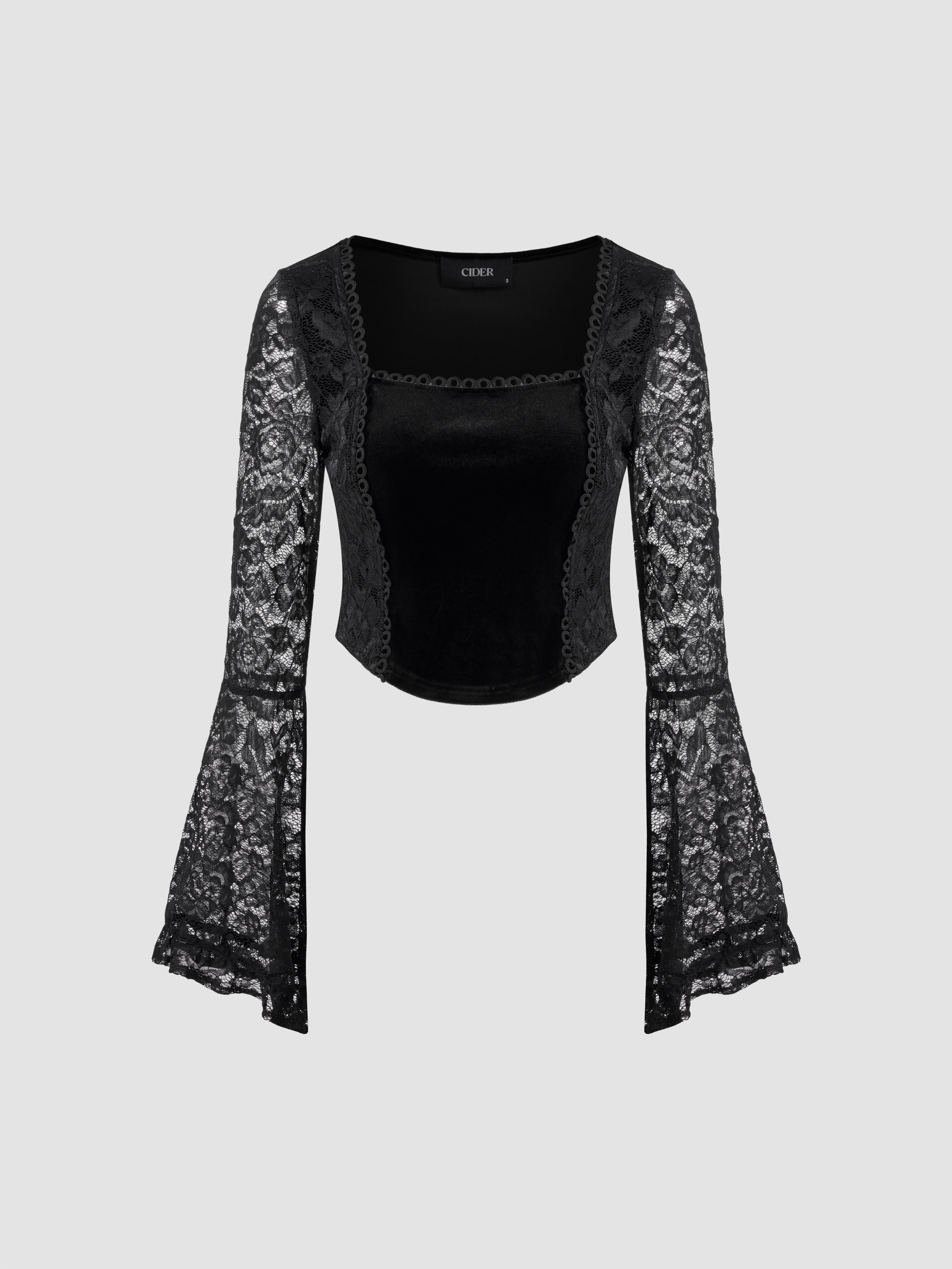 Velvet Square Neck Lace Long Sleeve Blouse For Date Party/Clubbing | Cider