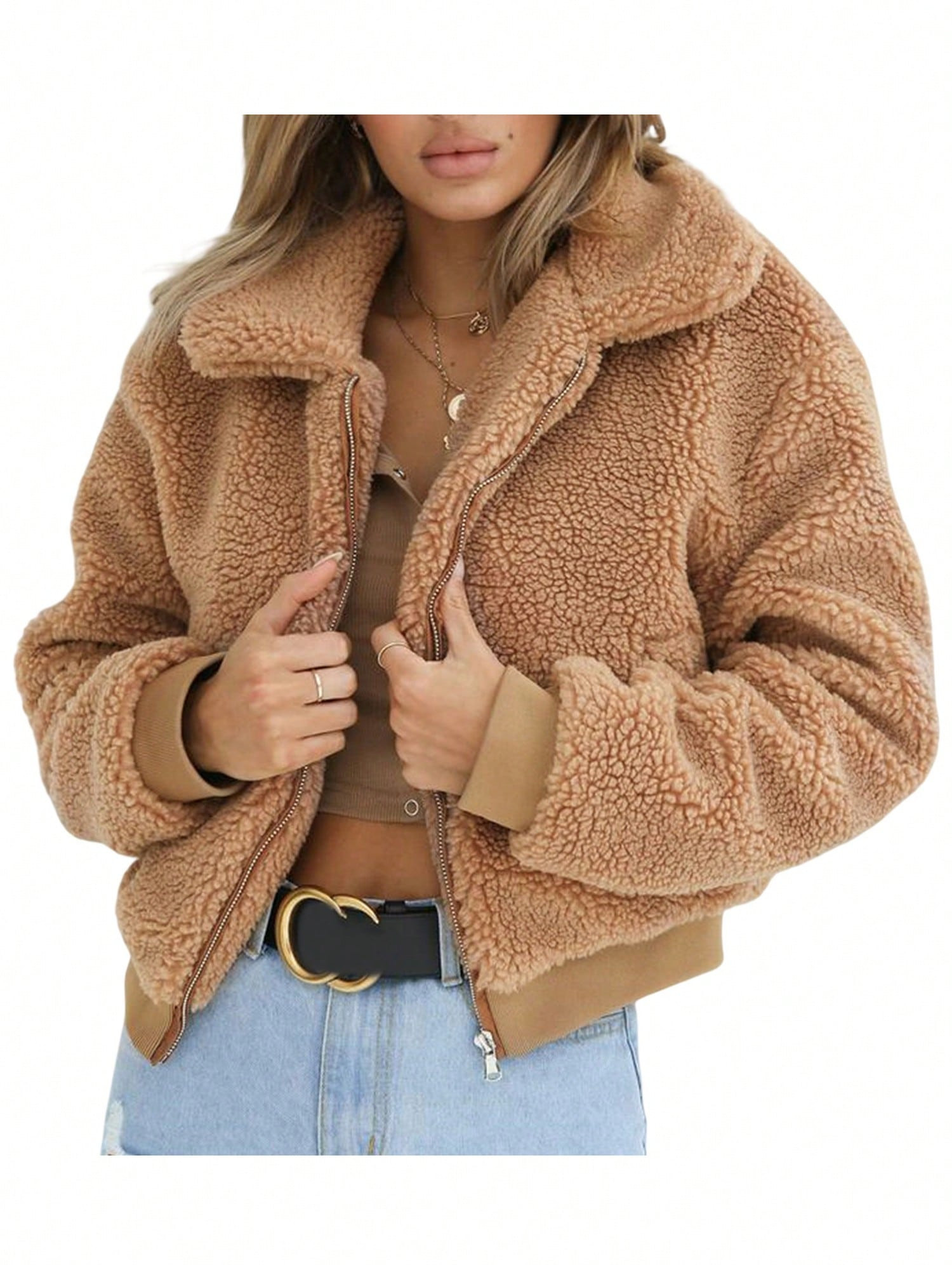 TrendsWomen Winter Coat, Solid Color Zipper Up Folded Collar Jacket, Long Sleeve Warm Fluffy Flee... | SHEIN