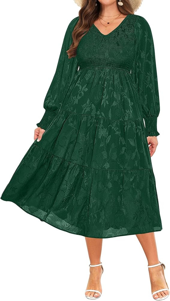 Plus Size Wedding Guest Dress - V Neck Floral Smocked Puff Sleeve Summer Fall A Line Tiered Flowy... | Amazon (US)