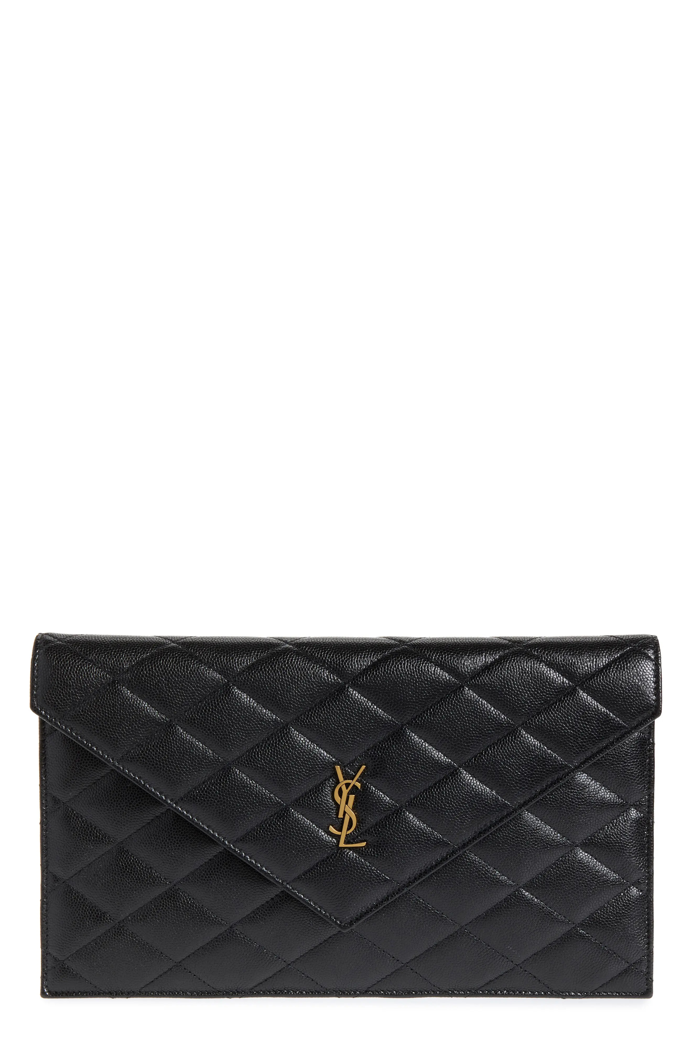 Saint Laurent Paris Diamond Quilted Grain de Poudre Leather Envelope Pouch in Noir at Nordstrom | Nordstrom