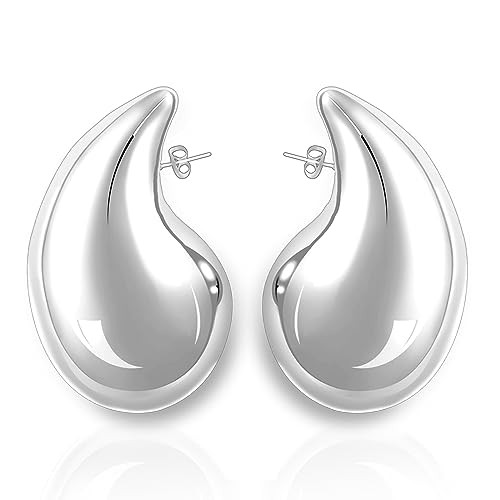 Bottega Earring Dupes Extra large Water Drop Earring Oversized Chunky Silver Hoop Earrings for Women Girls 18K White Gold Plated Stud (Drop-S-L) | Amazon (US)