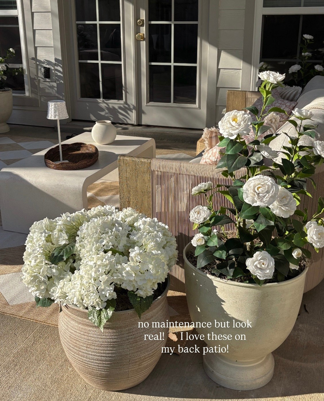 no maintenance but still looks this good… say less 🤍
these faux hydrangeas + camellias are my favorite way to make the patio feel styled without the upkeep!






outdoor decor, patio decor, back patio styling, outdoor living space, patio inspo, outdoor home aesthetic, cozy patio ideas, neutral outdoor decor, outdoor styling ideas, patio refresh, spring patio decor, summer patio setup, outdoor entertaining space, patio furniture styling, outdoor coffee table decor, neutral patio furniture, woven outdoor furniture, striped outdoor rug, patio rug neutral, faux plants outdoor, faux hydrangeas, artificial hydrangeas, faux flowers outdoor, artificial flowers decor, low maintenance

#LTKHome