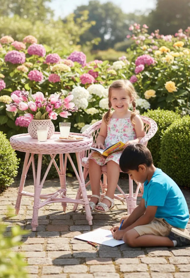 Pink wicker table and 2 chairs set, wicker toddler table set, rattan light pink table set, rattan... | Etsy (US)