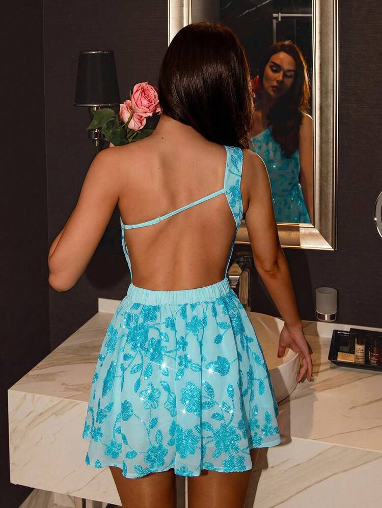 Glamine Women's Sexy Y2K Sky Blue Floral Sequin Mini Dress, Glitter Backless One-Shoulder Chiffon... | SHEIN