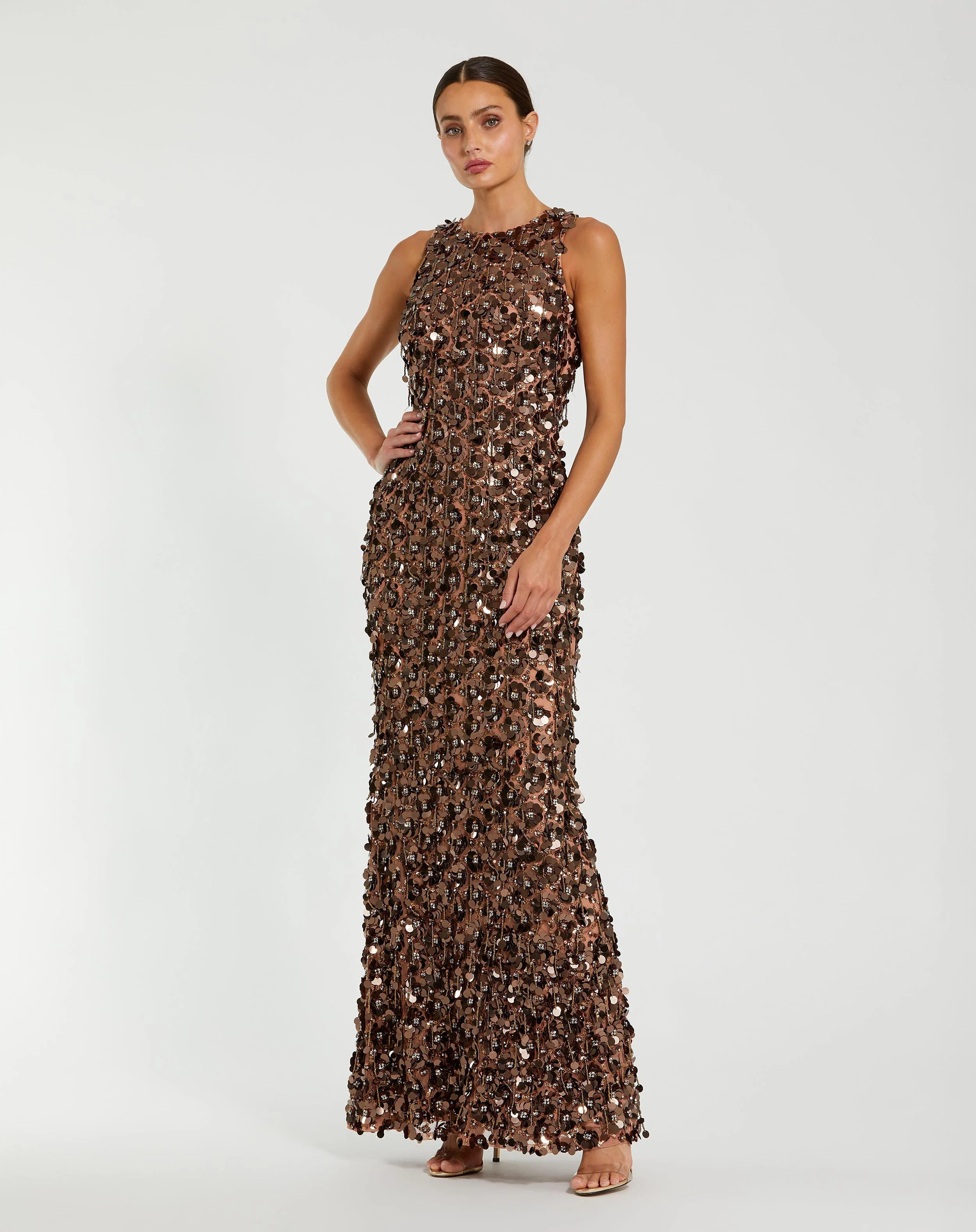 Brown Sleeveless Sequin Fringe Column Gown | Mac Duggal | Mac Duggal