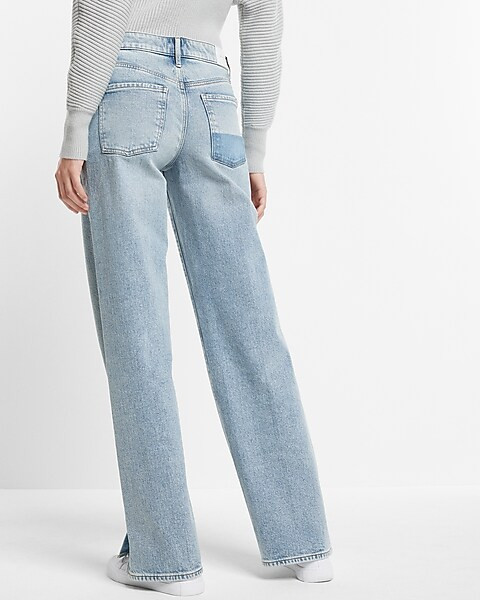 Low Rise Light Wash Split Hem Baggy Straight Jeans | Express