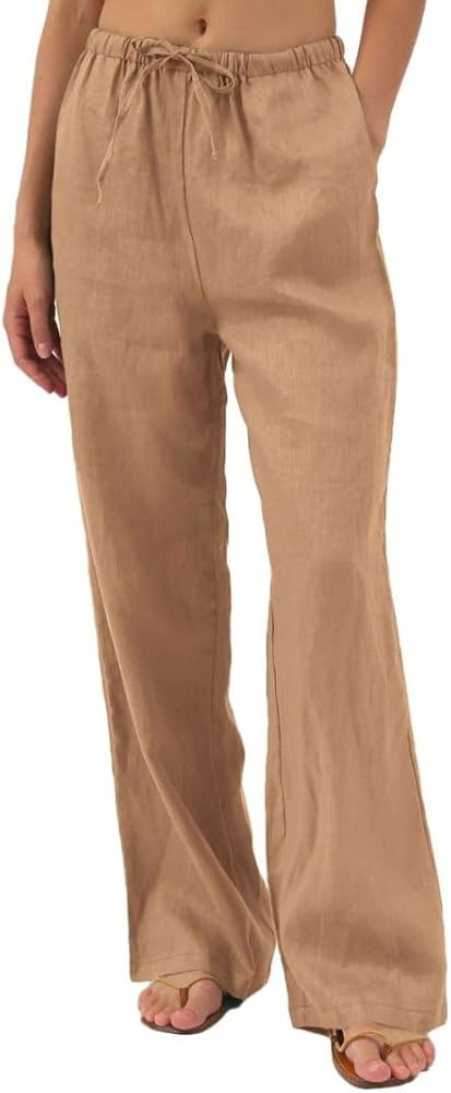 Amazhiyu Womens Pure Linen Summer Drawstring Flowy Wide Leg Pants with Pockets | Amazon (US)