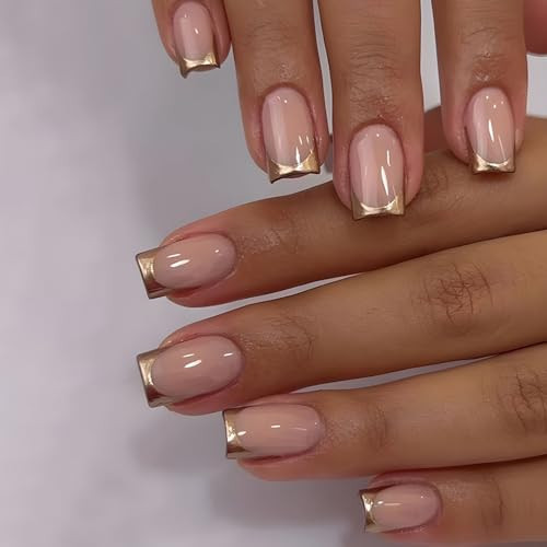 24 Pcs Golden French Tip Fake Nails Short Square Press on Nails with Pink Glossy Design Chrome Acrylic False Nails Reusable Glue on Nails Full Cover Stick on Nails for Women Girls Nail Accessories | Amazon (US)