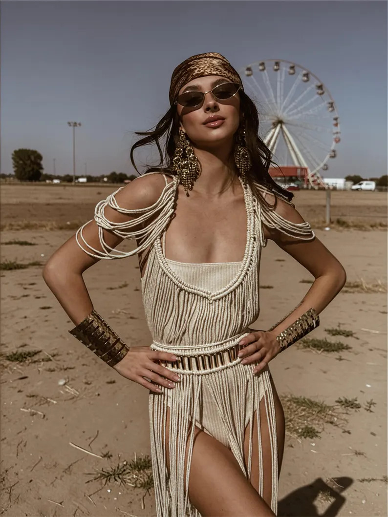 Macrame Gold Beaded Goddess Top, Fringe Macrame Dress, Burning Man Cleopatra Dress, Desert Queen ... | Etsy (Global)