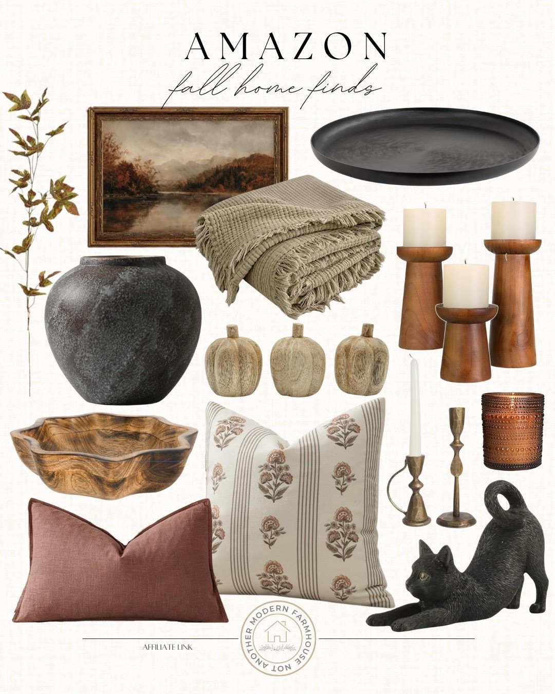 Fall home finds from Amazon include black cat, throw pillows, candle, candle holders, decorative bowl, vase, stem, pumpkins, black tray, throw pillows, throw blanket, wall art.

Fall decor, home decor, looks for less, neutral decor

#LTKSaleAlert #LTKHome #LTKSeasonal