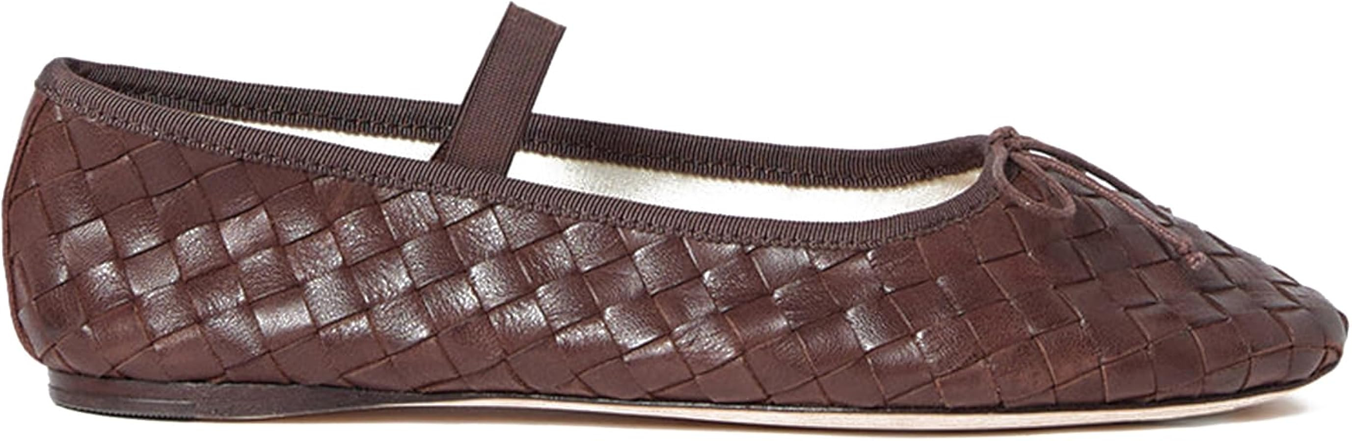 Woven Ballet Flats for Women Almond Toe Mary Jane Flats Stretch Band Bow Ballerina Shoes | Amazon (US)