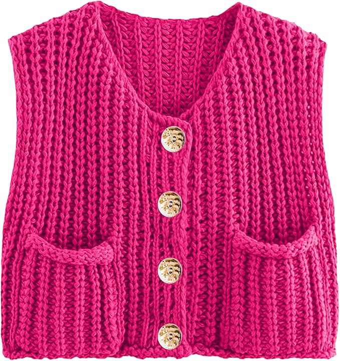 Womens Summer Crop Knit Sweater Vest Sleeveless Button Down Chunky Knit Vest Cardigan with Pocket... | Amazon (US)