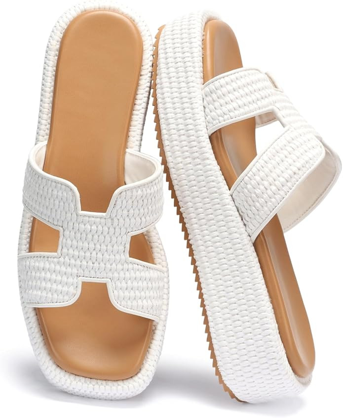 Monrovia Raffia Platform Sandals for Women Slip-On Espadrille Wedges Slides, Flatform Woven Straw... | Amazon (US)