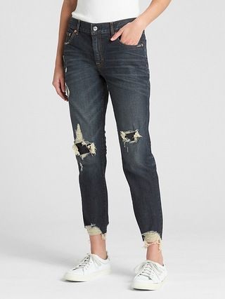 Gap Womens Mid Rise Girlfriend Jeans In Distressed (Dark) Dark Indigo Distressed Size 24 | Gap US