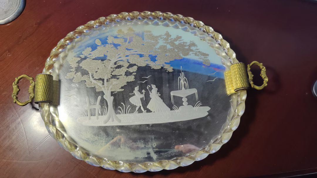Vintage Italian Venetian Etched Gilt Murano Glass Mirror Vanity Dresser Tray. Has Some Cloudiness... | Etsy (US)