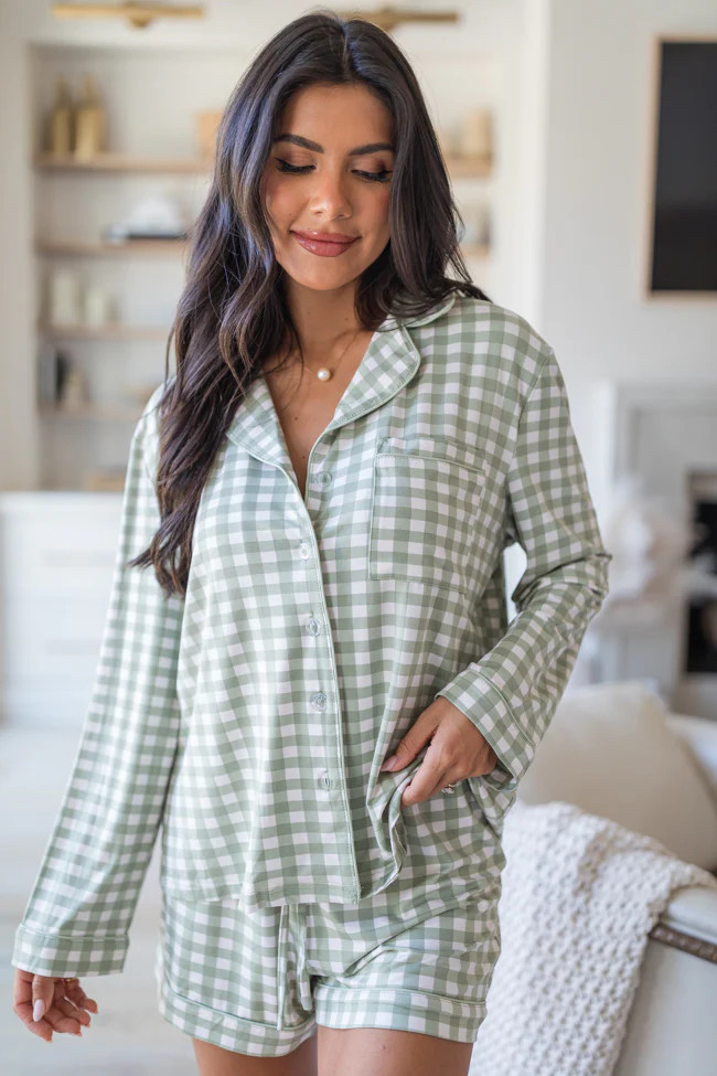 Under The Stars In Olive Grateful Gingham Long Sleeve Bamboo Pajama Top | Pink Lily
