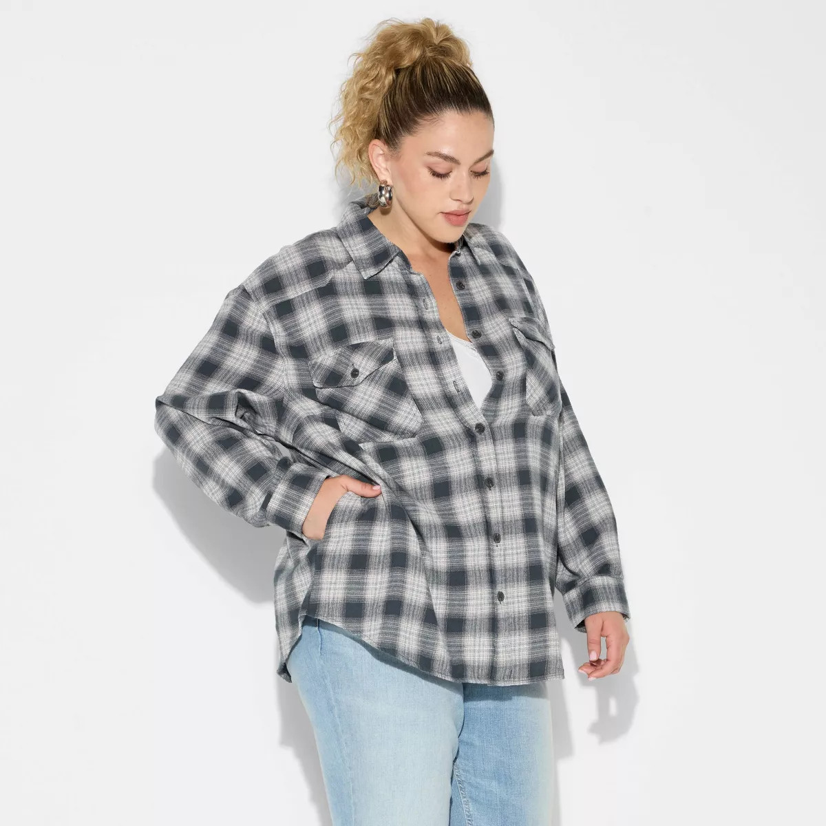 Women's Oversized Long Sleeve Collared Flannel Shirt - Wild Fable™ Black Plaid M | Target