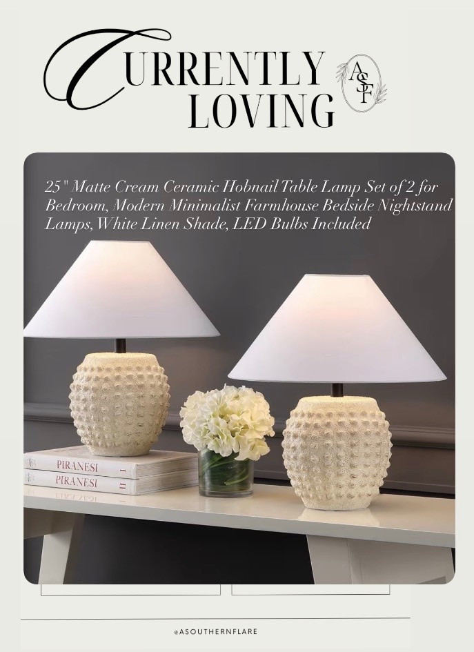 25" Matte Cream Ceramic Hobnail Table Lamp Set of 2 for Bedroom, Modern Minimalist Farmhouse Bedside Nightstand Lamps, White Linen Shade, LED Bulbs Included

#LTKHome