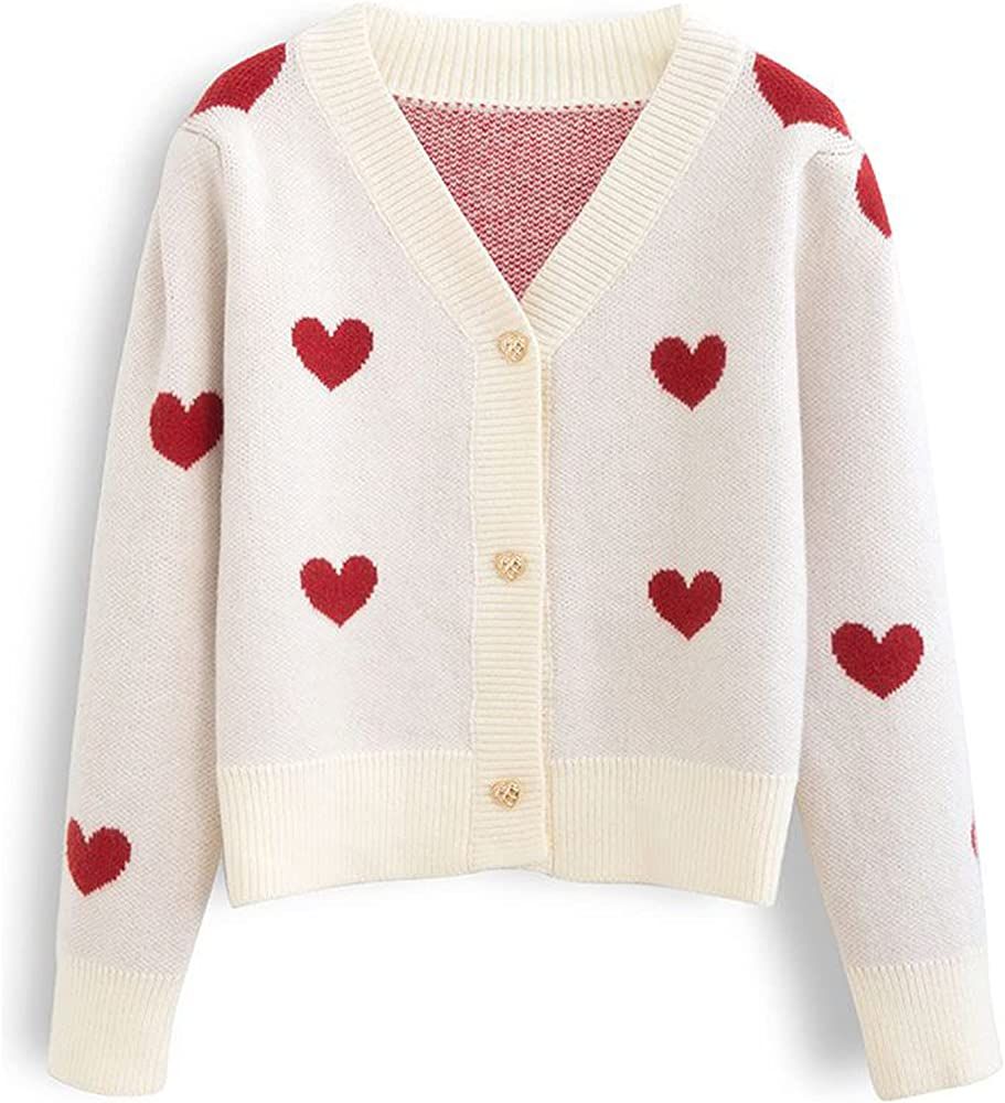 CHICWISH Women's Red/Ivory Soft Heart Cropped Knit Cardigan | Amazon (US)