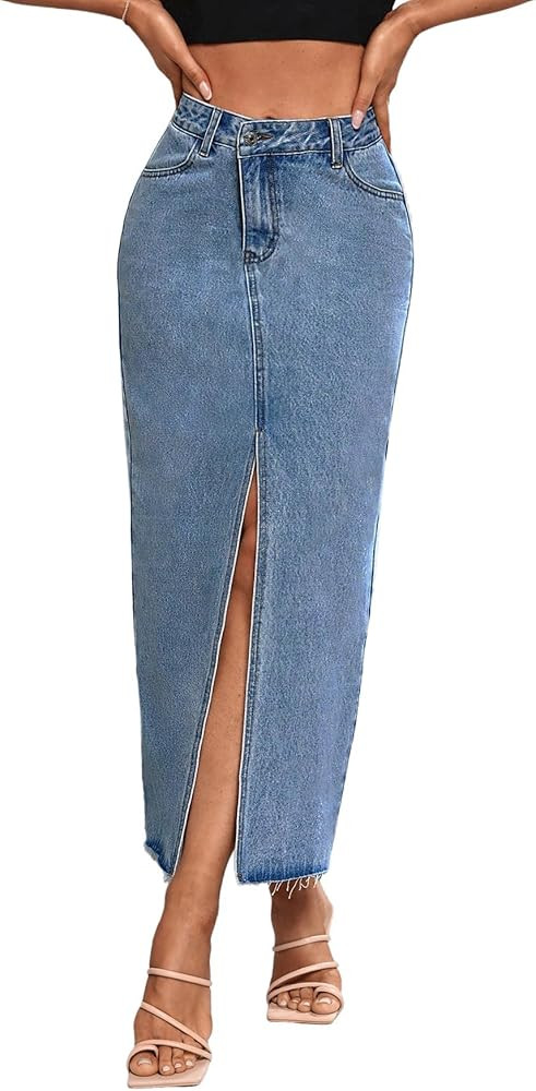 Women's High Waist Stretch Maxi Denim Skirt Front Split Frayed Raw Hem A line Casual Long Jean Sk... | Amazon (US)
