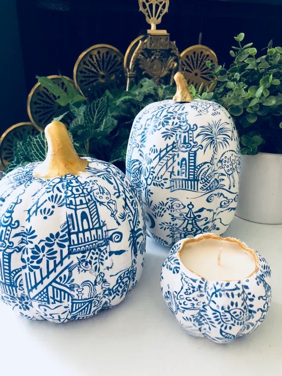 CHINOISERIE PUMPKIN, BLUE White, Home Decor, Fall Seasonal Decoration, Made To Order | Etsy (US)