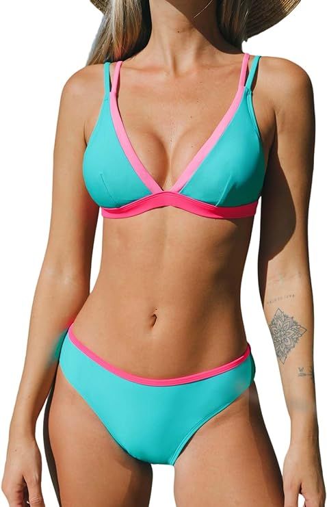 CUPSHE Women's Bikini Sets Two Piece Swimsuit Mid Rise Bottom V Neck Triangle Top Color Block Swi... | Amazon (US)