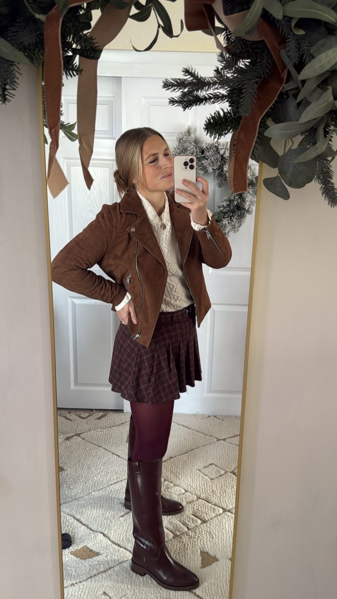 Horse girl fashion, door mirror, tall boots, biker jacket, equestrian fashion, leather boots, thanksgiving outfit idea, plaid skirt, burgundy tights, trend, chic casual 

#LTKSeasonal #LTKFindsUnder50 #LTKHoliday