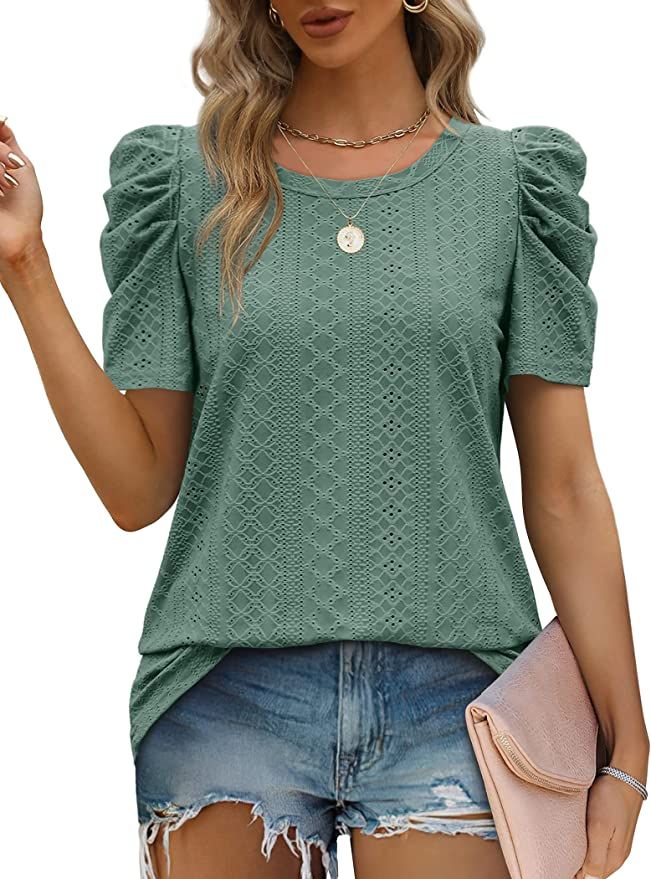 Saloogoe T Shirts for Women Puff Sleeve Casual Summer Tops Eyelets Pattern Shirts | Amazon (US)