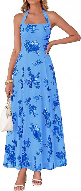 KIRUNDO Women's Summer Sleeveless Halter Floral Maxi Dress 2026 Beach Wedding Guest Cocktail Mesh... | Amazon (US)
