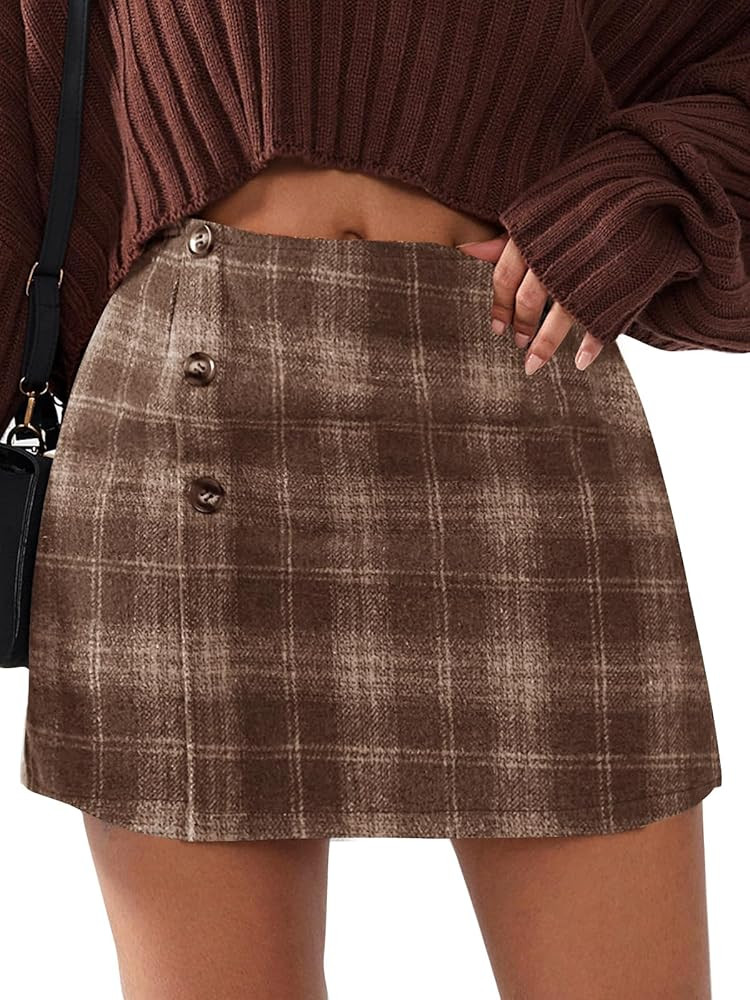 EXLURA Womens Faux Wool Plaid Mini Skirt Elastic High Waisted Tweed Skirts Button Bodycon Skirt F... | Amazon (US)