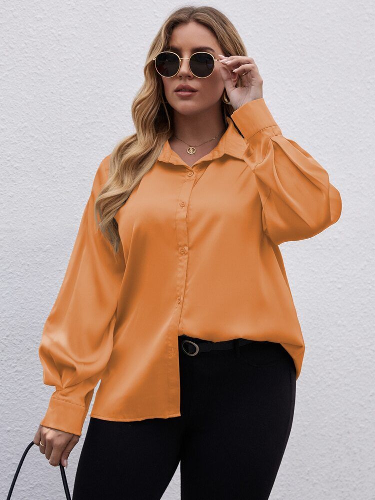 Plus Solid Bishop Sleeve Collared Button Up Blouse | SHEIN