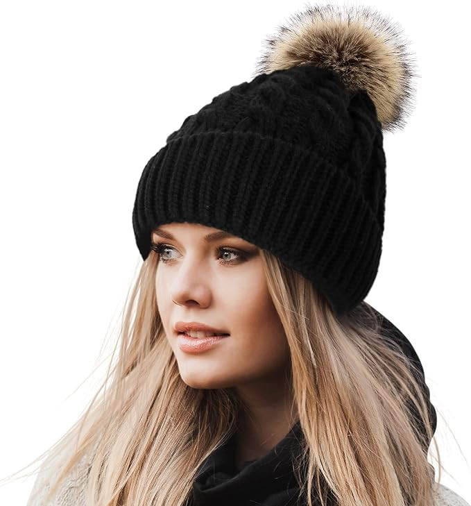 Livingston Women's Winter Soft Knit Beanie Hat with Faux Fur Pom Pom Warm Skull Cap Beanies for W... | Amazon (US)
