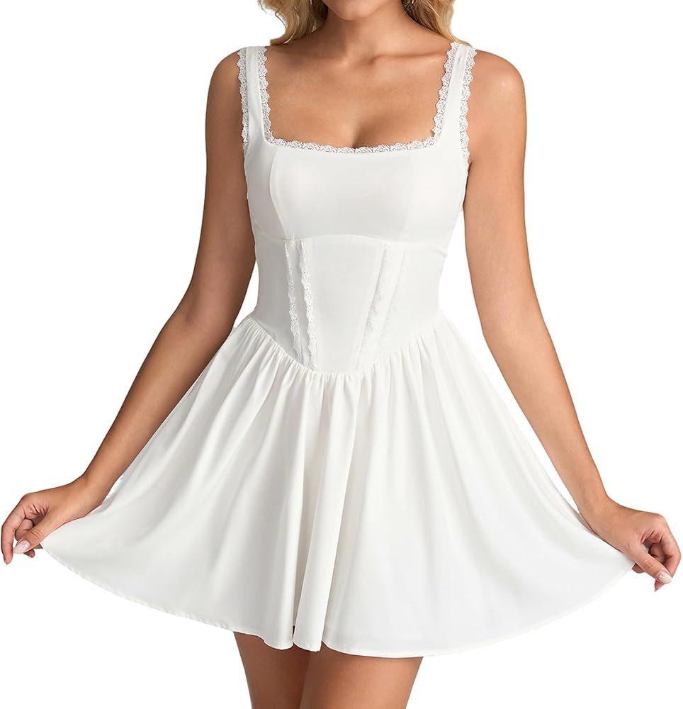 KUTUMAI Lace Floral Corset Mini Dress Bow Tie Somcked Flowy Short Graduation Dresses for Women Su... | Amazon (US)