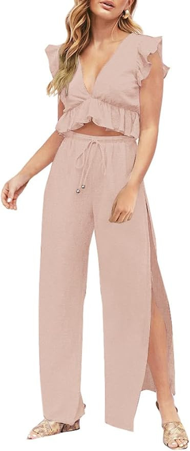 FANCYINN Womens 2 Pieces Outfits Deep V Neck Crop Top Side Slit Drawstring Wide Leg Pants Set Jum... | Amazon (US)