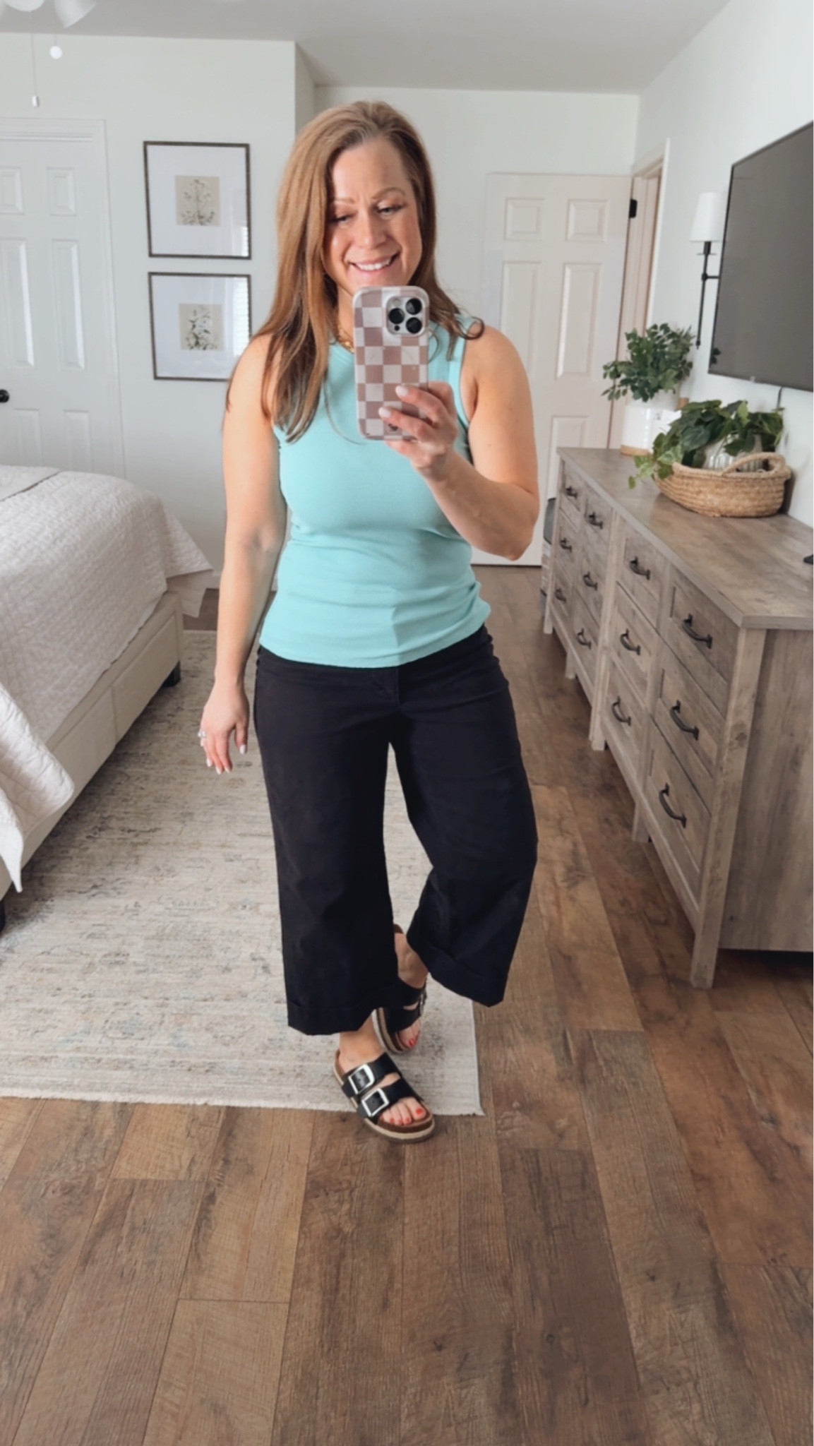 Spring/summer outfit inspo 
High neck tank
Wide leg cropped pants
Sandals  

#LTKootd #LTKmomlife #LTKPetite