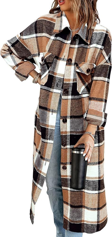 KIRUNDO Women's 2023 Fall Winter Flannel Plaid Shirts Jacket Casual Long Sleeve Boyfriend Button Down Shacket Coats | Amazon (US)
