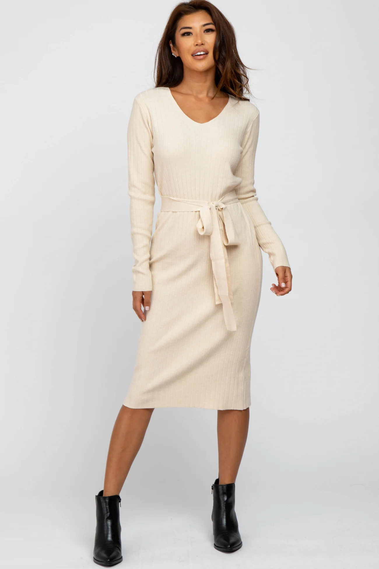 Beige Tie Front Maternity Sweater Midi Dress | PinkBlush Maternity
