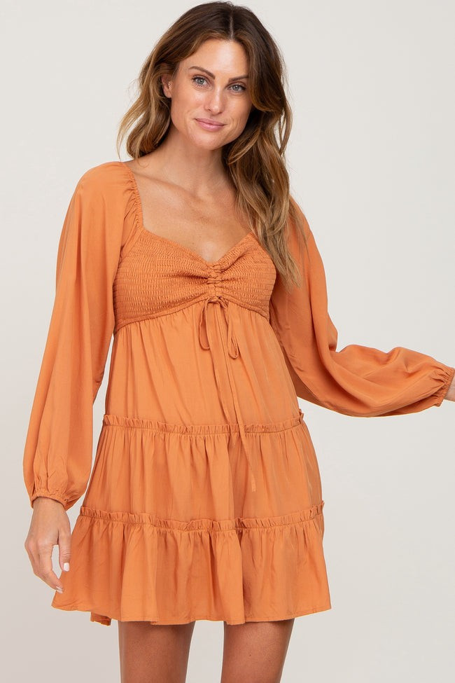 Orange Drawstring Front Smocked Sweetheart Neck Mini Dress | PinkBlush Maternity