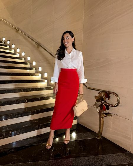 Kat Jamieson wears a red Alexia Maria skirt and white button down shirt at the Mandarin Oriental NYC. Aquazzura heels, red pencil skirt, classic style, cocktail party, holiday outfit. 

#LTKshoecrush #LTKparties #LTKSeasonal