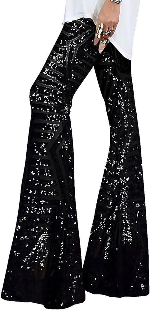 EVALESS Women Sequin Pants Sparkly Glitter High Waisted Wide Leg Flare Trousers Bell Bottom Night... | Amazon (US)