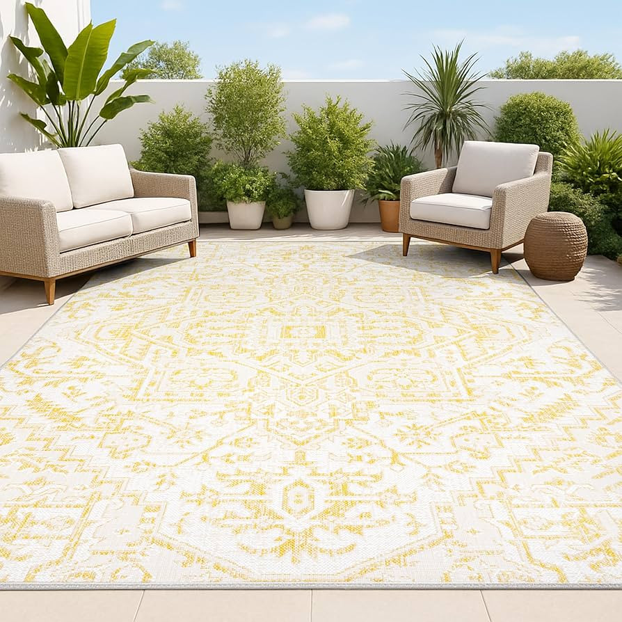 JONATHAN Y Boho Medallion Indoor Outdoor Area Rug 4X6 Cream/Yellow, Estrella Textured Weave for B... | Amazon (US)