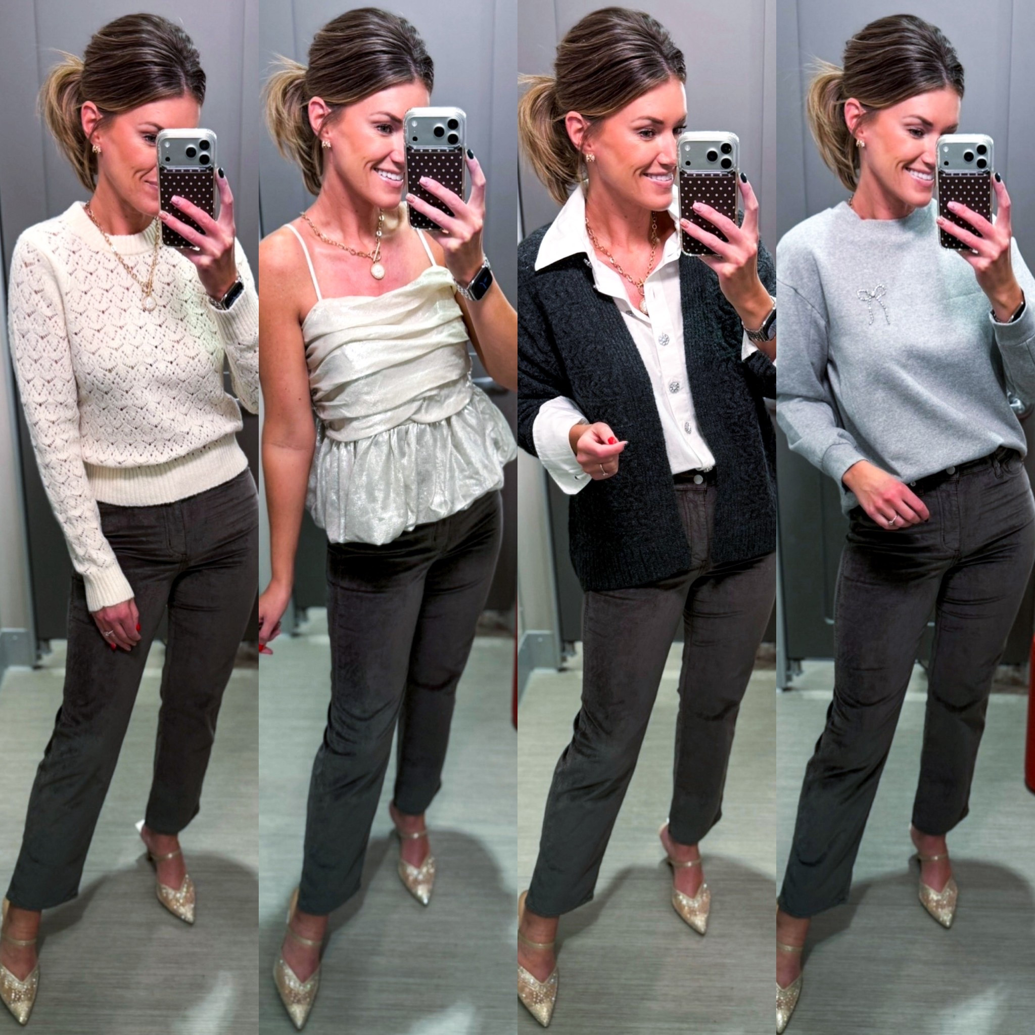#targettuesday 🎯 New velvet straight leg pants styled 4 ways. 
Pants/8
Sweater/ small
Peplum top/small(need XS, runs big)
Cardigan/ XS (runs big)
Button down/ medium
Sweatshirt/small
Heels/tts

#LTKSeasonal #LTKHoliday