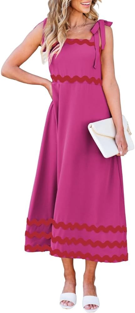 Theenkoln Womens Sleeveless Maxi Dress: Square Neck Tie Strap Wave Stripe Summer Trendy Long Flow... | Amazon (US)