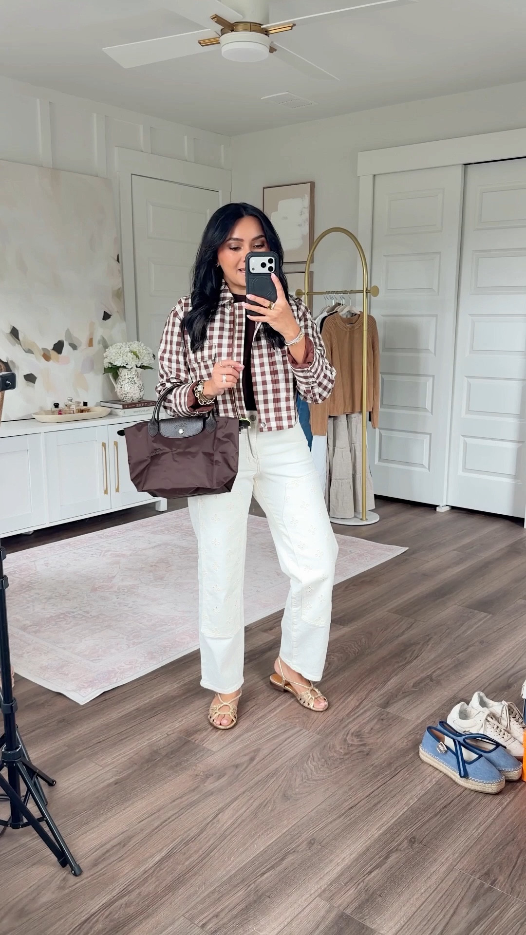 Brown gingham jacket size xs TTS 
Brown tee size xs TTS 
Jeans size 2 petite TTS 
Gold sandals size 5 TTs 

#LTKootd #LTKSaleAlert #LTKPetite