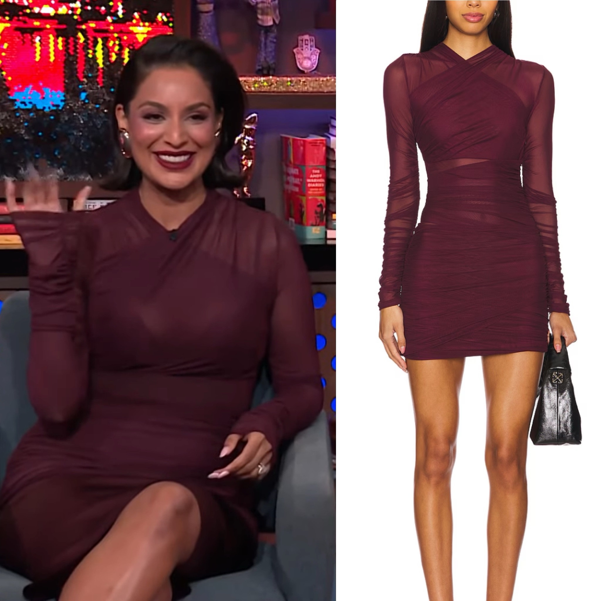 Jessel Taank’s Burgundy Ruched Dress on WWHL 