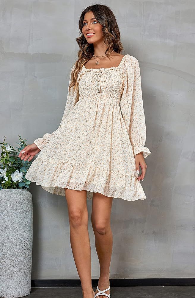 Hotouch Women Square Neck Dress Puff Long Sleeve Babydoll Ruffle Short Smocked Mini Dresses | Amazon (US)