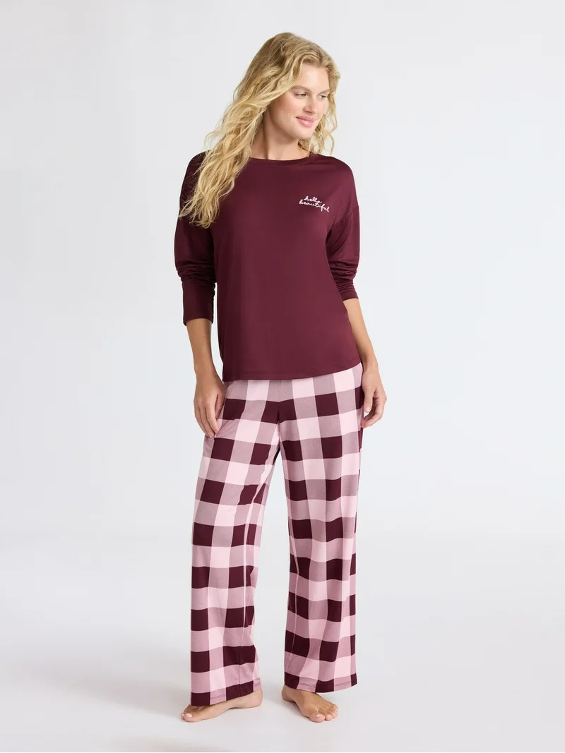 Joyspun Women's Dreamy Soft Collection Long Sleeve Sleep Top and Straight Leg Pants Pajama Set, 2... | Walmart (US)