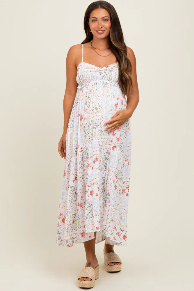 Ivory Floral Sleeveless Tiered Ruffle Detail Maternity Maxi Dress | PinkBlush Maternity