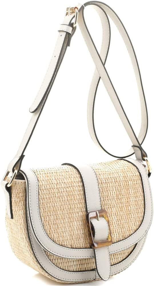 Trendeology Womens Classy Straw Rattan Vegan Leather Flap Saddle Satchel Flap Crossbody Purse Bag | Amazon (US)