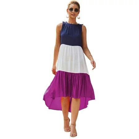 Summer Boho Oversized Sundress for Women Sleeveless Round Neck Pleated Midi Long Dress Casual Baggy  | Walmart (US)